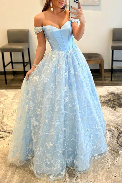 Light Blue Butterfly Lace Off-Shoulder Prom Dress with Sweetheart Neck – vigocouture