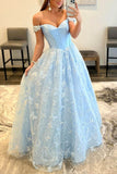 Light Blue Butterfly Lace Off-Shoulder Prom Dress with Sweetheart Neck 22225