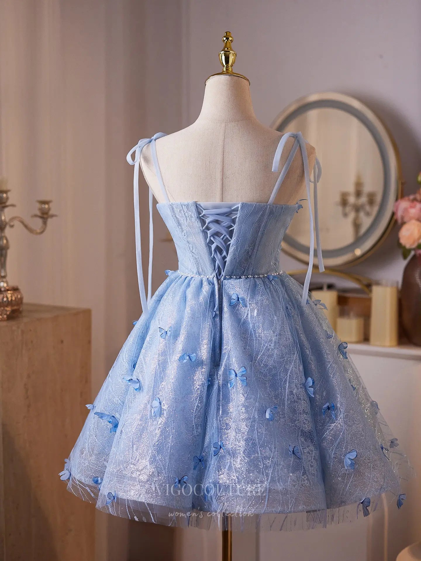 Prom Dresses 2025 to impress Light Blue Butterfly Mini Homecoming Dress with Sparkly Lace Bodice, Pearl Waistline & Lace-Up Back – 26002-vigocouture-vigocouture
