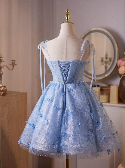 Prom Dresses 2025 to impress Light Blue Butterfly Mini Homecoming Dress with Sparkly Lace Bodice, Pearl Waistline & Lace-Up Back – 26002-vigocouture-vigocouture