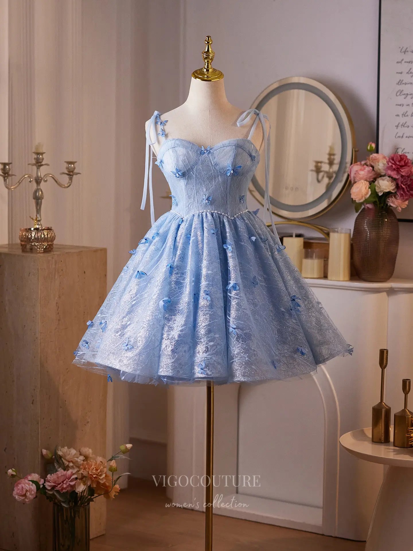 Prom Dresses 2025 to impress Light Blue Butterfly Mini Homecoming Dress with Sparkly Lace Bodice, Pearl Waistline & Lace-Up Back – 26002-vigocouture-vigocouture