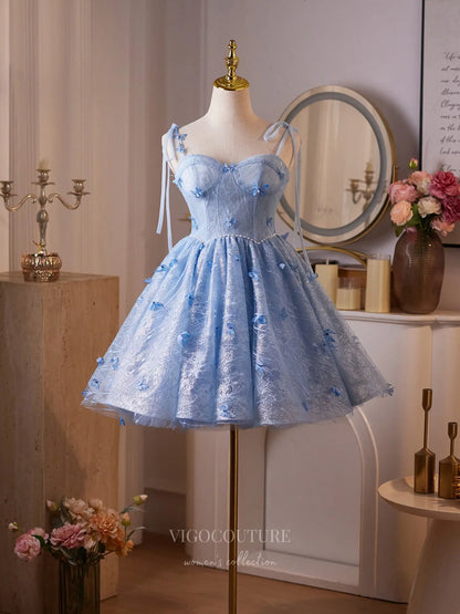 Prom Dresses 2025 to impress Light Blue Butterfly Mini Homecoming Dress with Sparkly Lace Bodice, Pearl Waistline & Lace-Up Back – 26002-vigocouture-vigocouture