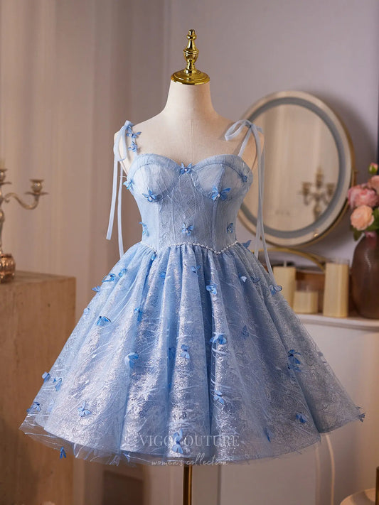 Light Blue Butterfly Mini Homecoming Dress with Sparkly Lace Bodice, Pearl Waistline & Lace-Up Back – BJ090