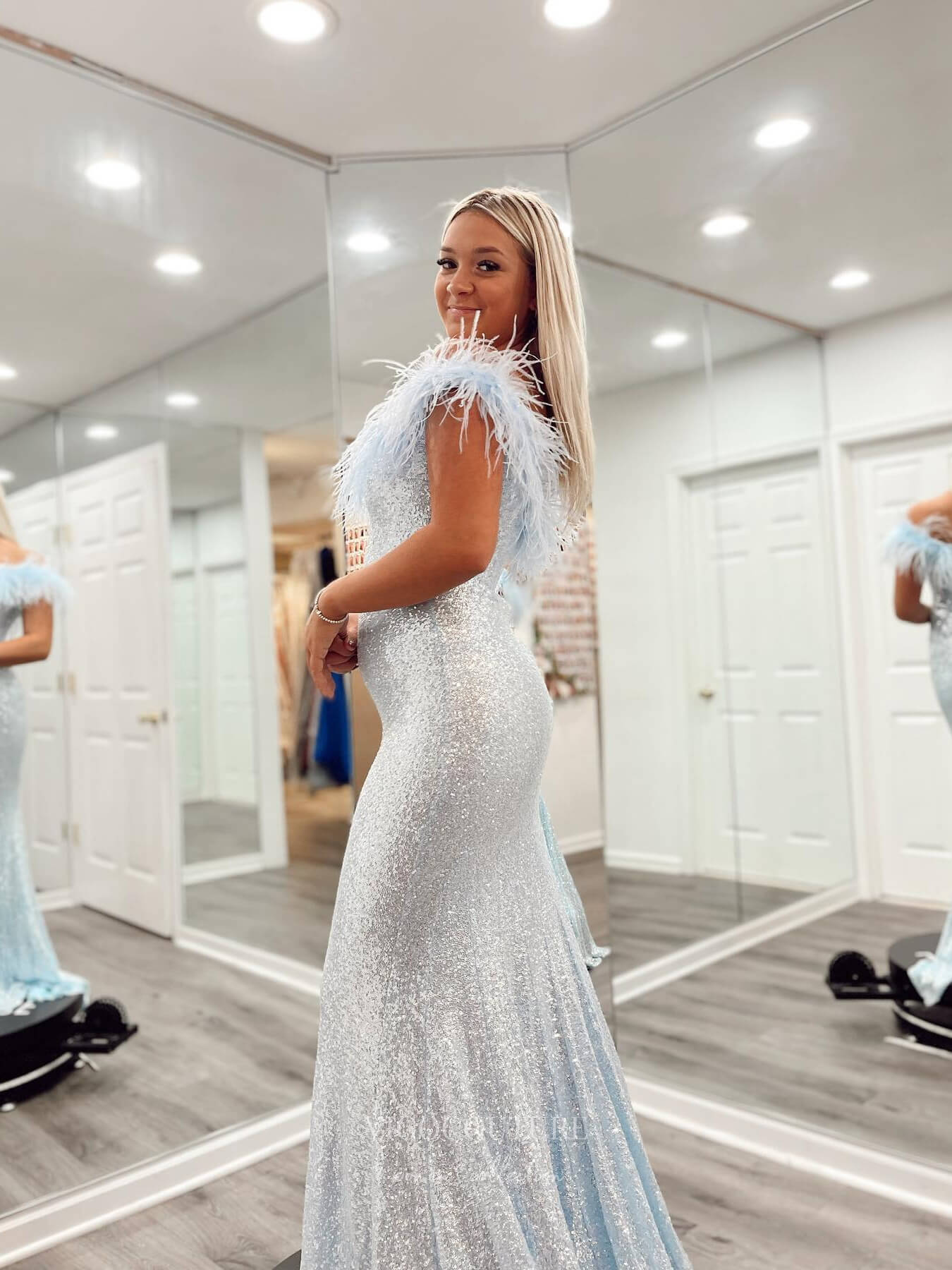 Prom Dress 2025 Light Blue Feather Off the Shoulder Prom Dresses Mermaid Sequin Evening Dress 24063-unique elegant Prom Dresses-Light Blue-Custom Size-vigocouture