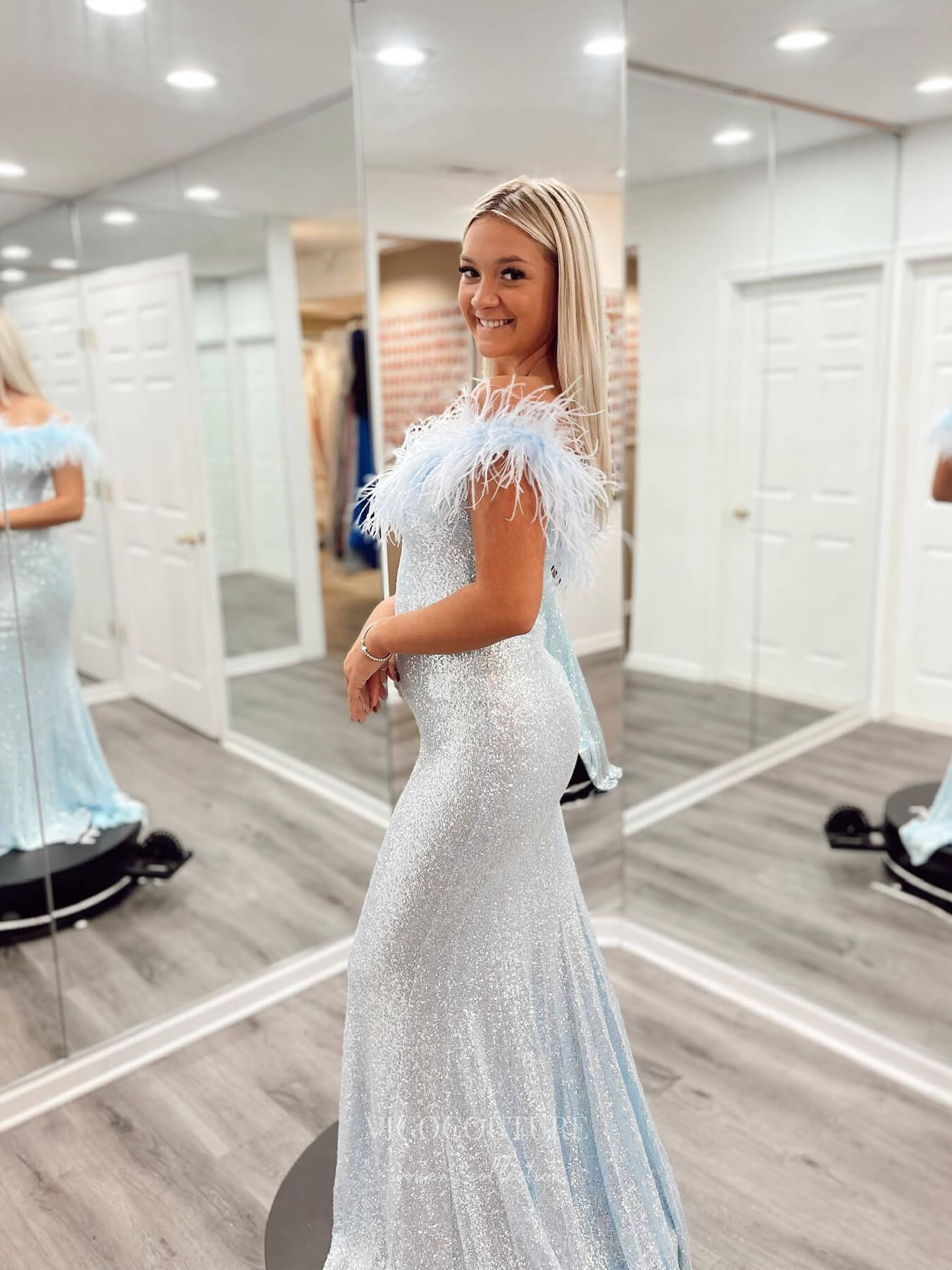 Prom Dress 2025 Light Blue Feather Off the Shoulder Prom Dresses Mermaid Sequin Evening Dress 24063-unique elegant Prom Dresses-Light Blue-Custom Size-vigocouture