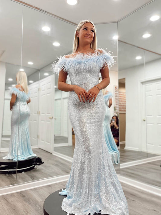 Prom Dress 2025 Light Blue Feather Off the Shoulder Prom Dresses Mermaid Sequin Evening Dress 24063-unique elegant Prom Dresses-Light Blue-Custom Size-vigocouture