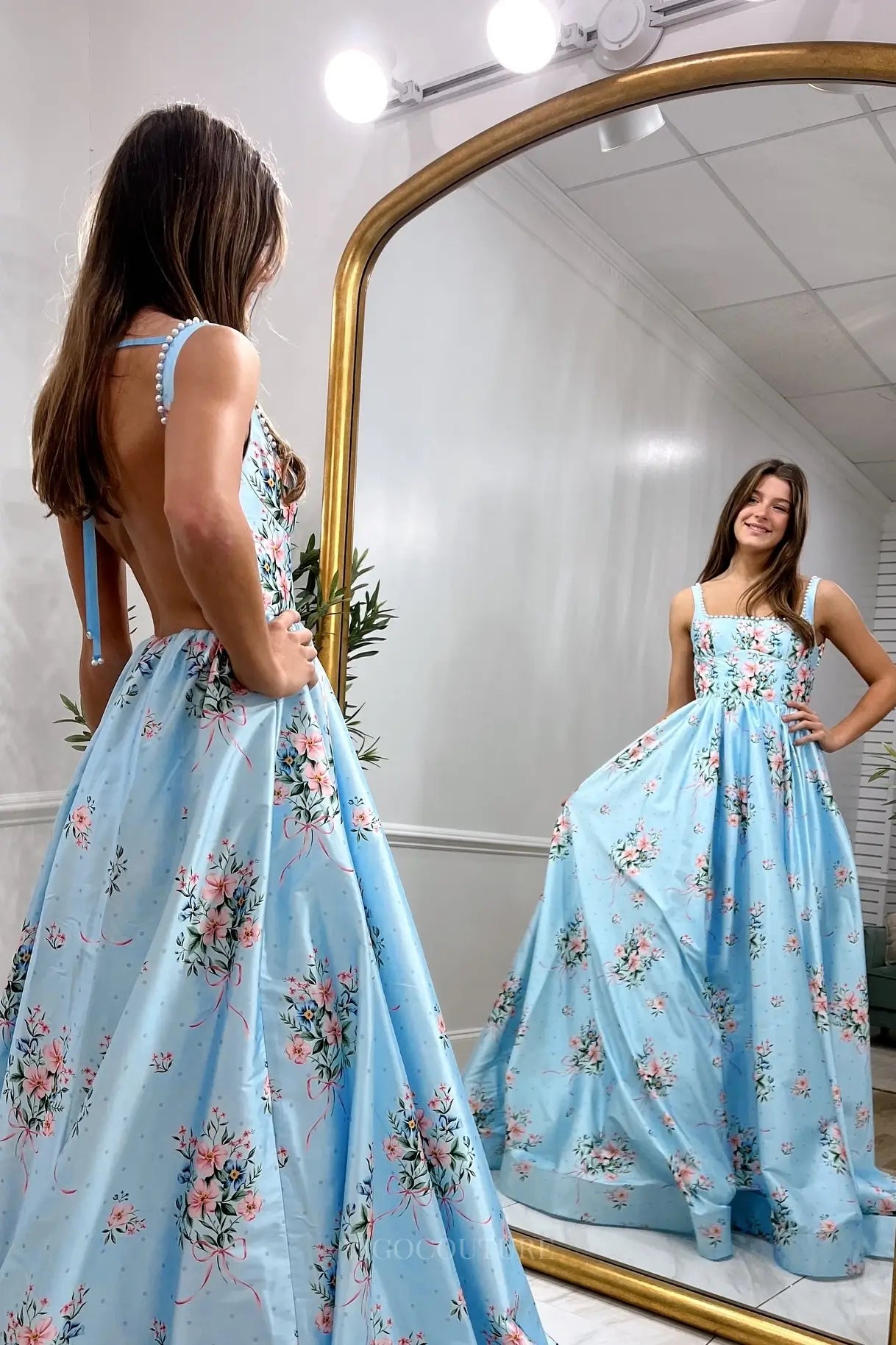 Light Blue Floral Ball Gown Prom Dress with Pearl Straps – FP014 – vigocouture