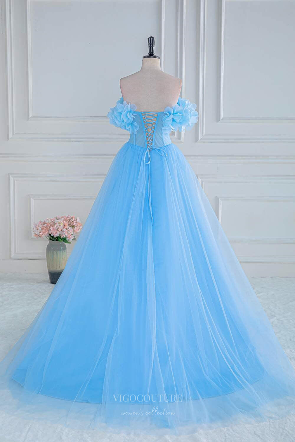 Light Blue Floral Cheap Prom Dresses with Slit Strapless Boned Bodice vigocouture Light Blue Floral Cheap Prom Dresses with Slit Strapless Boned Bodice vigocouture