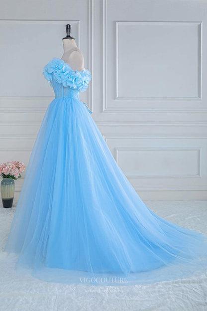 Light Blue Floral Cheap Prom Dresses with Slit Strapless Boned Bodice – vigocouture