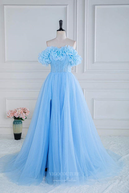 Light Blue Floral Cheap Prom Dresses with Slit Strapless Boned Bodice 24366 Light Blue Floral Cheap Prom Dresses with Slit Strapless Boned Bodice 24366