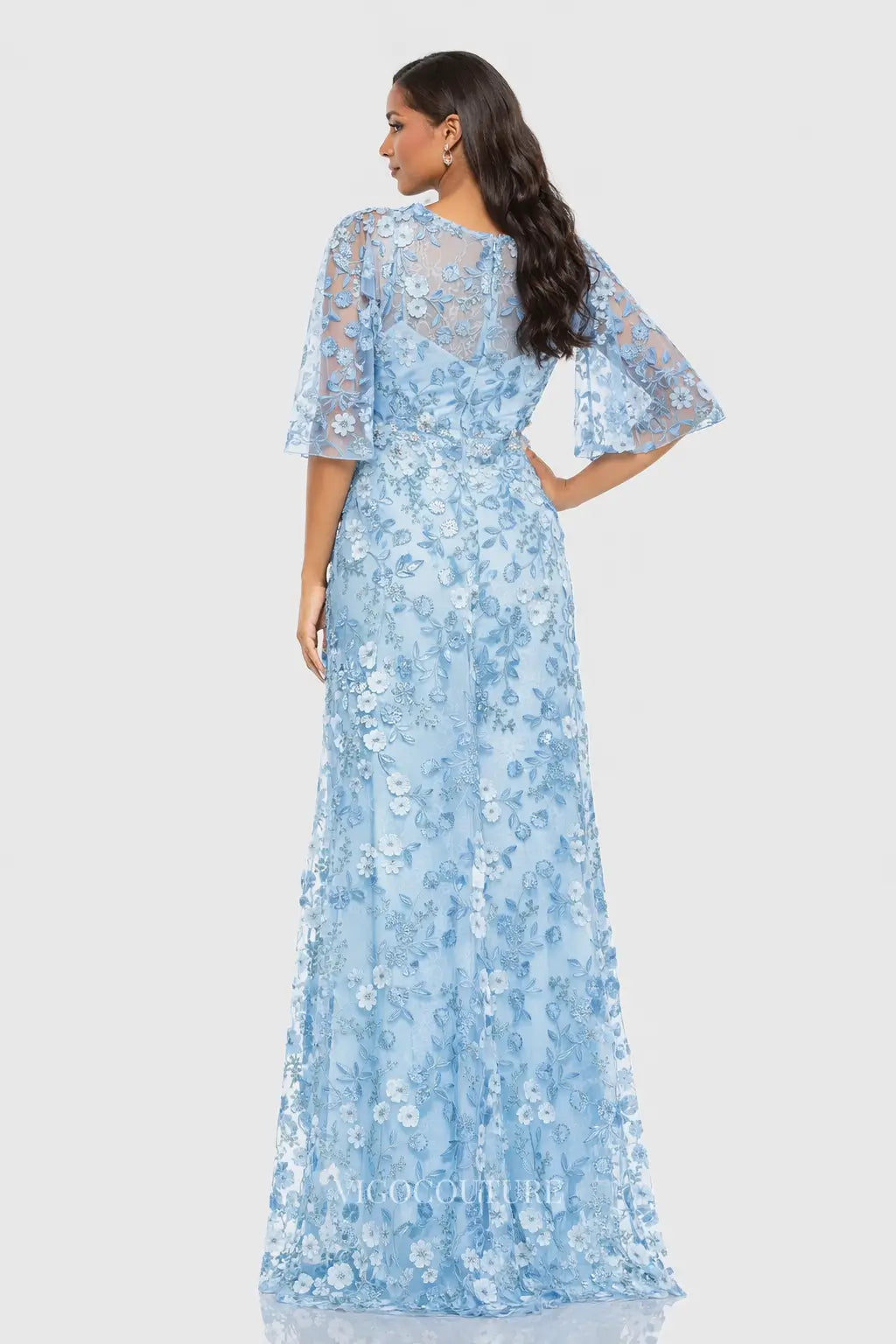 Prom Dresses 2025 to impress Light Blue Floral Embroidered Evening Dress with V-Neck & Sheer Flutter Sleeves - VG013-vigocouture-vigocouture