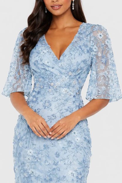 Prom Dresses 2025 to impress Light Blue Floral Embroidered Evening Dress with V-Neck & Sheer Flutter Sleeves - VG013-vigocouture-vigocouture