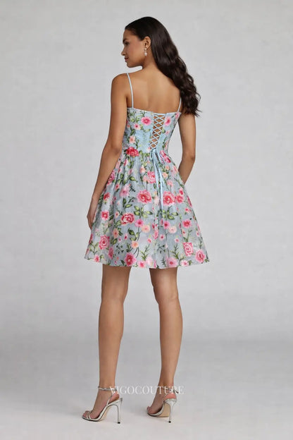 Prom Dresses 2025 to impress Light Blue Floral Homecoming Dress with Sweetheart Neck & Spaghetti Straps - VG015-vigocouture-vigocouture