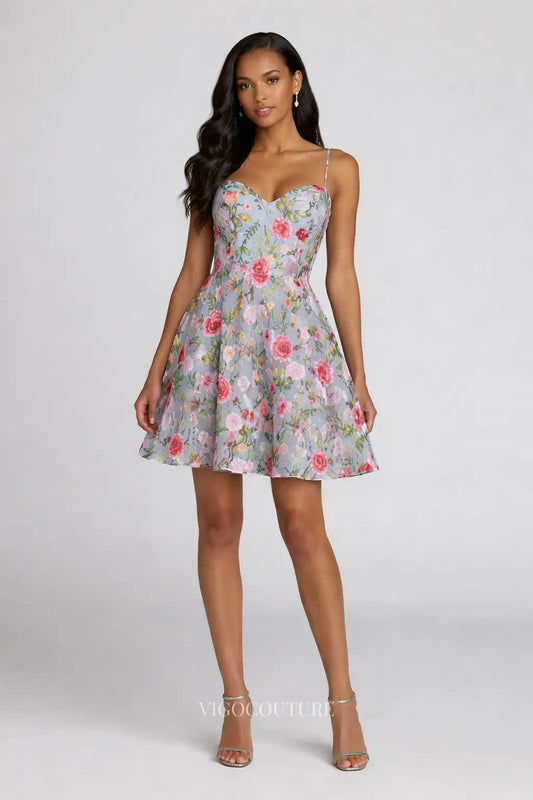Prom Dresses 2025 to impress Light Blue Floral Homecoming Dress with Sweetheart Neck & Spaghetti Straps - VG015-vigocouture-vigocouture
