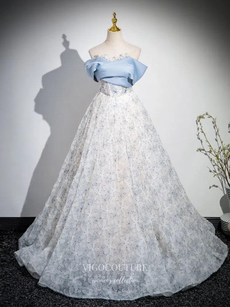 Prom Dress 2025 Light Blue Floral Lace Quinceanera Dresses Off the Shoulder Prom Ball Gown 25075-unique elegant Prom Dresses-Light Blue-Custom Size-vigocouture