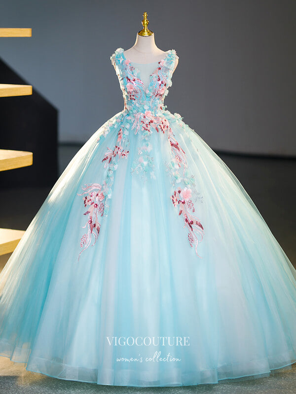 Prom Dress 2025 Light Blue Floral Prom Dresses Lace Applique Quinceanera Dress 22351-unique elegant Prom Dresses-Light Blue-Custom Size-Ball Gown-vigocouture