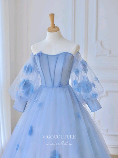 Light Blue Floral Quinceanera Dresses Long Sleeve Sweet 15 Dresses 21163