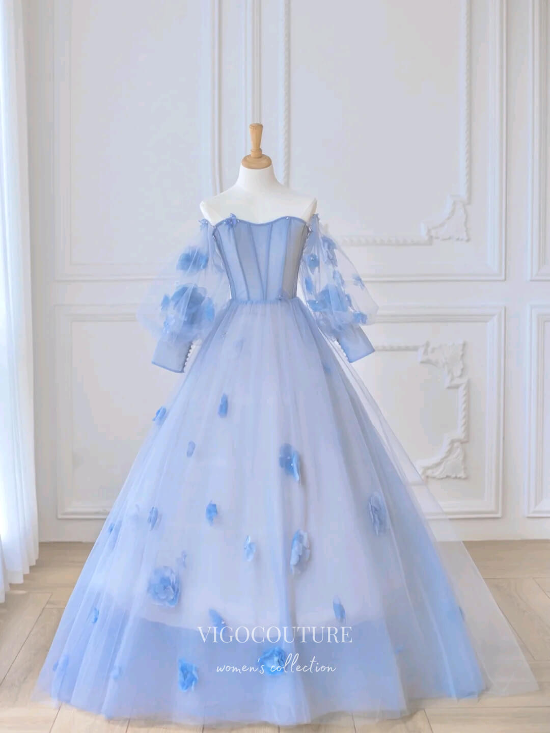 Prom Dress 2025 Light Blue Floral Quinceanera Dresses Long Sleeve Sweet 15 Dresses 21163-unique elegant Prom Dresses-Light Blue-Custom Size-vigocouture