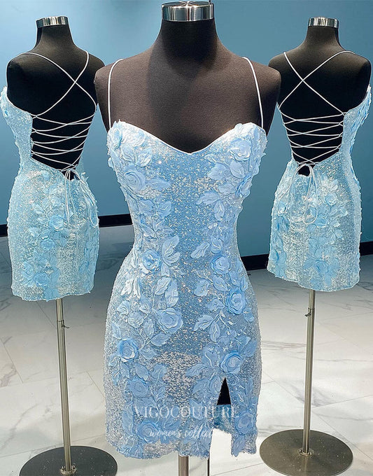 Short Prom Dresses 2025 Light Blue Floral Spaghetti Strap Homecoming Dresses Sequin Sweetheart Graduation Dress hc440-Prom Dresses-vigocouture-Light Blue-Custom Size-vigocouture