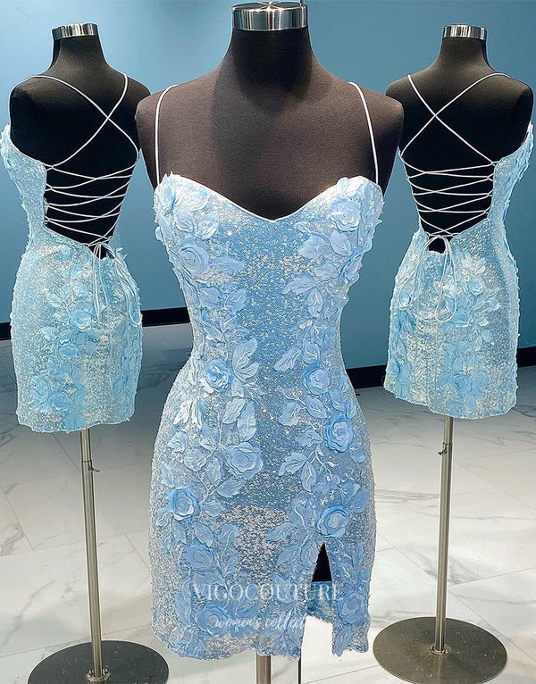 Light Blue Floral Spaghetti Strap Homecoming Dresses Sequin Sweetheart