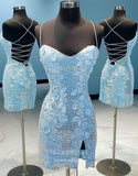 Light Blue Floral Spaghetti Strap Homecoming Dresses Sequin Sweetheart Graduation Dress hc440