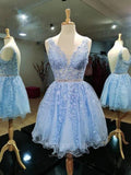 Short Prom Dresses 2025 Light Blue Homecoming Dress Lace Applique Hoco Dress hc050-Prom Dresses-vigocouture-vigocouture