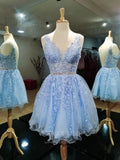 Light Blue Homecoming Dress Lace Applique Hoco Dress hc050