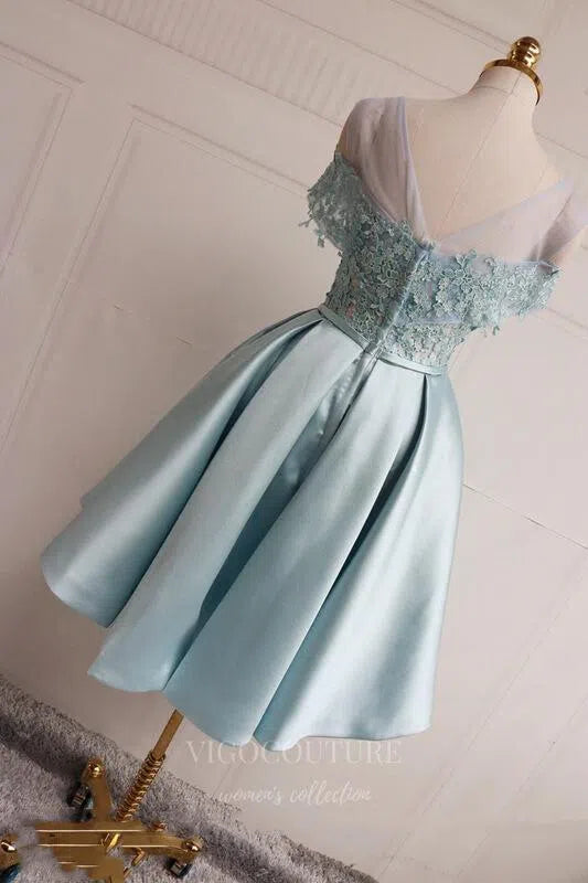 Short Prom Dresses 2025 Light Blue Homecoming Dress Pink Satin Lace Hoco Dress hc056-Prom Dresses-vigocouture-vigocouture