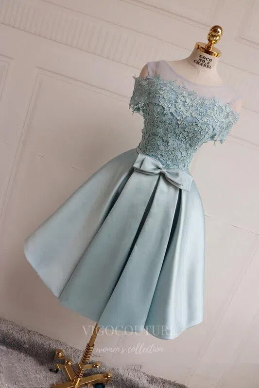 Light Blue Homecoming Dress Pink Satin Lace Hoco Dress hc056 Pink / US6
