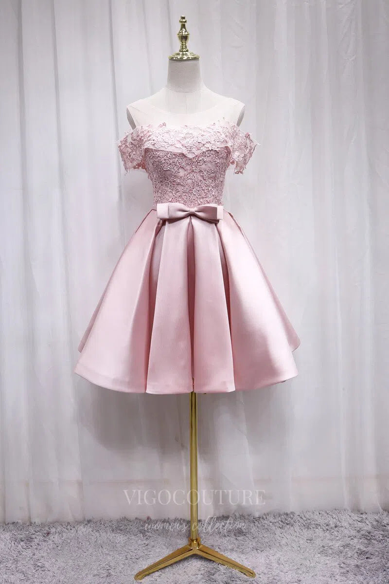 Light Blue Homecoming Dress Pink Satin Lace Hoco Dress hc056 Pink / US6 Light Blue Homecoming Dress Pink Satin Lace Hoco Dress hc056 Pink / US6