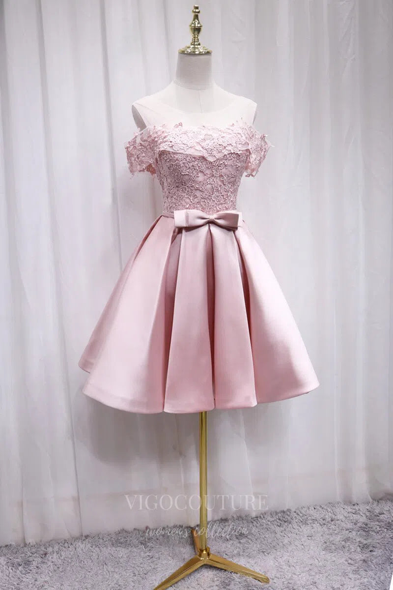 Light Blue Homecoming Dress Pink Satin Lace Hoco Dress hc056 Pink / US6 Light Blue Homecoming Dress Pink Satin Lace Hoco Dress hc056 Pink / US6
