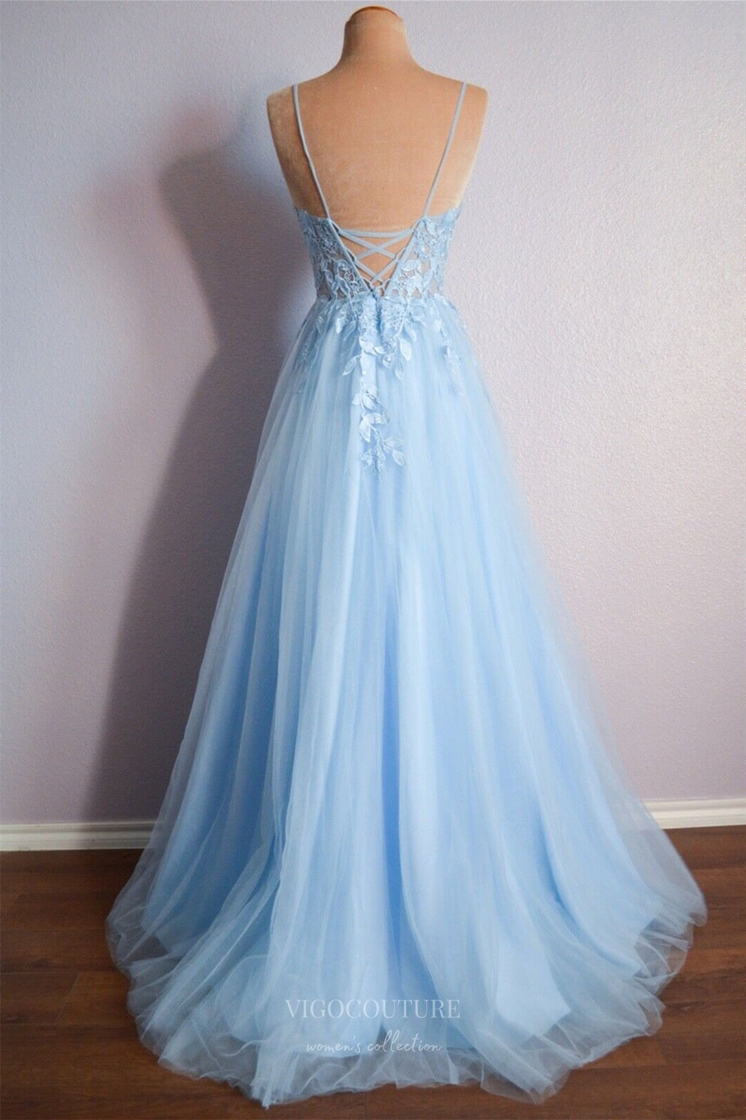 Light Blue Lace Applique Cheap Prom Dresses 2024 Spaghetti Strap Sheer vigocouture Light Blue Lace Applique Cheap Prom Dresses 2024 Spaghetti Strap Sheer vigocouture