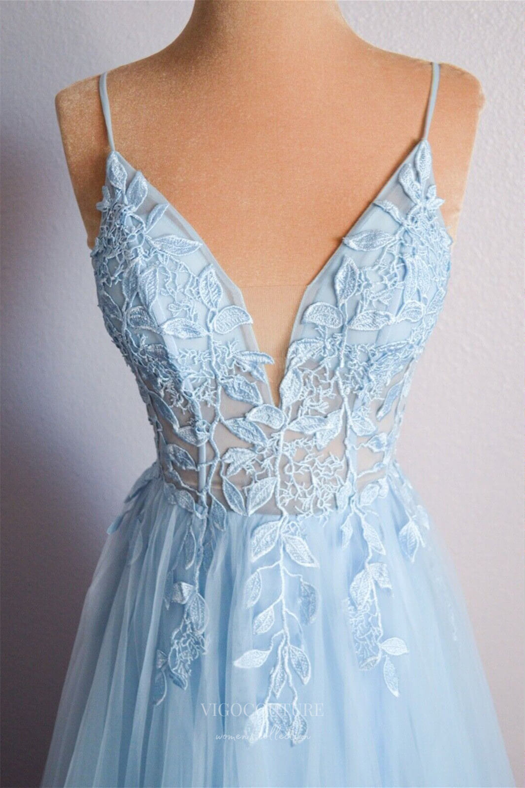 Prom Dress 2025 Light Blue Lace Applique Cheap Prom Dresses 2024 Spaghetti Strap Sheer Bodice 24261-unique elegant Prom Dresses-Light Blue-Custom Size-vigocouture