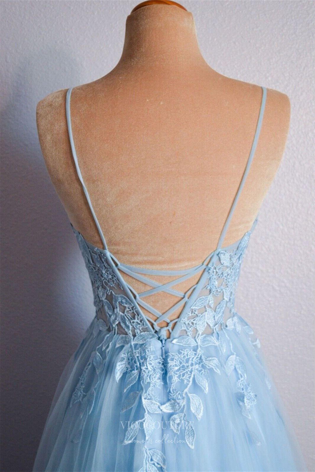 Prom Dress 2025 Light Blue Lace Applique Cheap Prom Dresses 2024 Spaghetti Strap Sheer Bodice 24261-unique elegant Prom Dresses-Light Blue-Custom Size-vigocouture