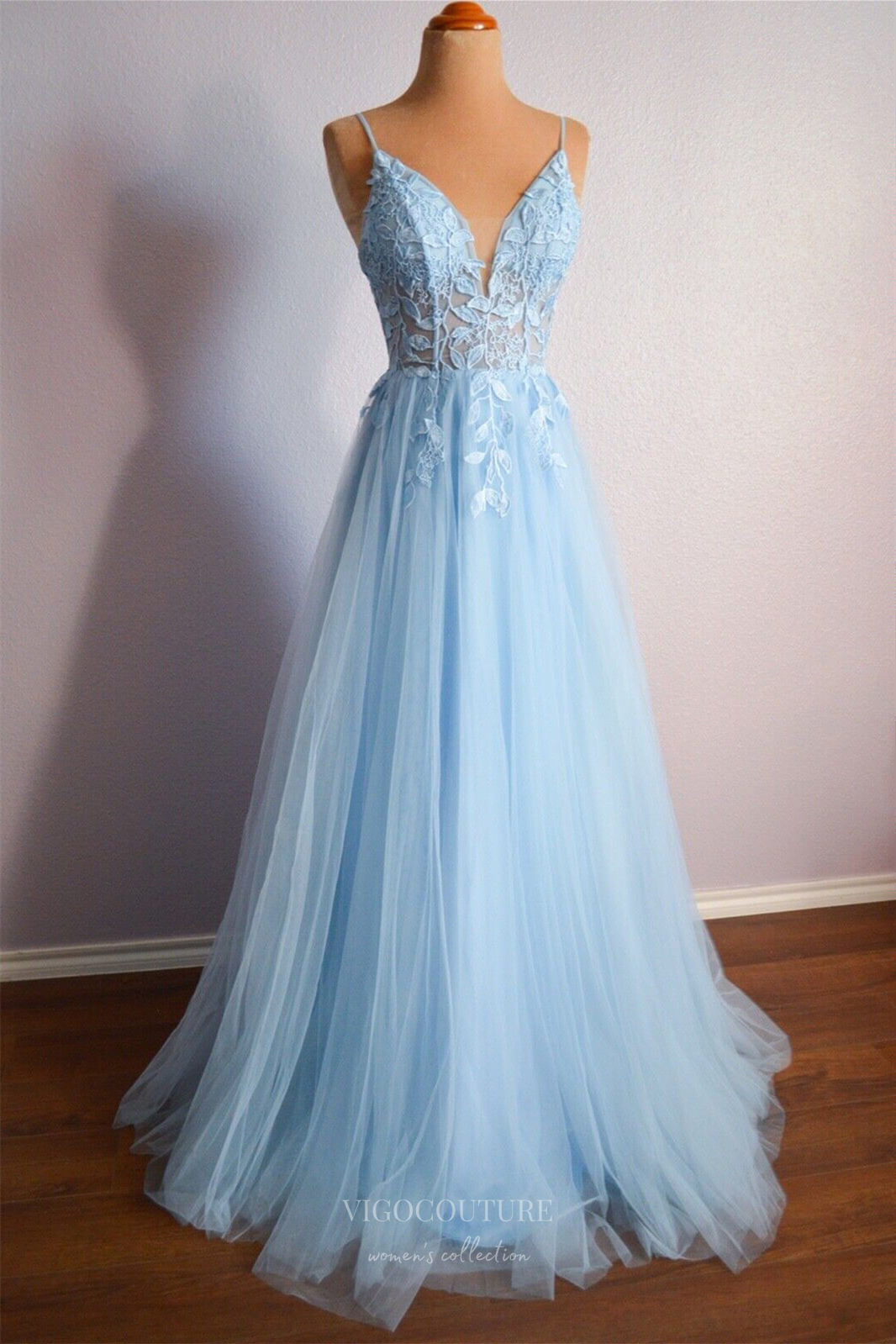 Prom Dress 2025 Light Blue Lace Applique Cheap Prom Dresses 2024 Spaghetti Strap Sheer Bodice 24261-unique elegant Prom Dresses-Light Blue-Custom Size-vigocouture