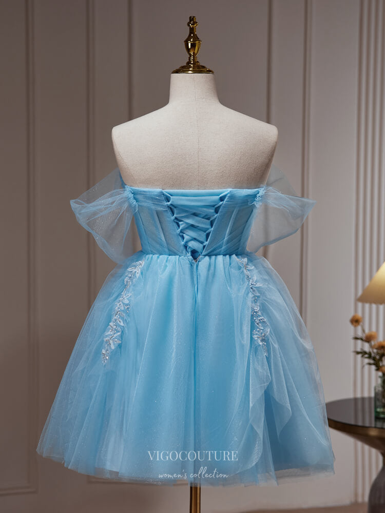 Light Blue Lace Applique Homecoming Dress Off the Shoulder Graduation vigocouture Light Blue Lace Applique Homecoming Dress Off the Shoulder Graduation vigocouture