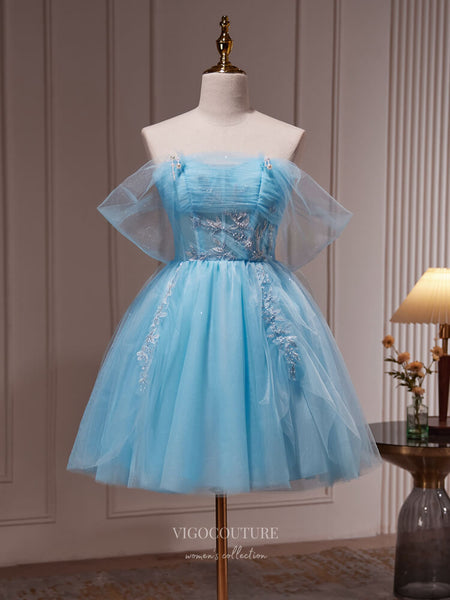 light blue grad dress Off the Shoulder Short Prom Dresses, Short Blue Lace Formal Homecoming Dresses, Custom Size / Custom Color / No Rush Long prom