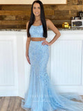 Light Blue Lace Applique Prom Dresses Mermaid Two-Piece Evening Dress 21761