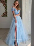 Prom Dress 2025 Light Blue Lace Applique Prom Dresses Off the Shoulder Formal Dresses 21550-unique elegant Prom Dresses-Light Blue-US2-vigocouture