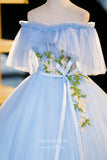 Prom Dress 2025 Light Blue Lace Applique Prom Dresses Off the Shoulder Quinceanera Dress 22354-unique elegant Prom Dresses-Light Blue-Custom Size-Ball Gown-vigocouture