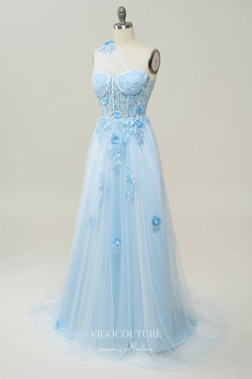 Light Blue Lace Applique Prom Dresses One Shoulder Formal Dress 22050 vigocouture Light Blue Lace Applique Prom Dresses One Shoulder Formal Dress 22050 vigocouture
