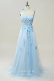 Prom Dress 2025 Light Blue Lace Applique Prom Dresses One Shoulder Formal Dress 22050-unique elegant Prom Dresses-Light Blue-Custom Size-vigocouture