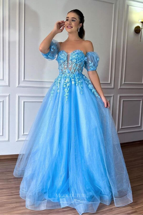 Prom Dress 2025 Light Blue Lace Applique Prom Dresses Removable Puffed Sleeve Formal Dress 24010-unique elegant Prom Dresses-Light Blue-Custom Size-vigocouture