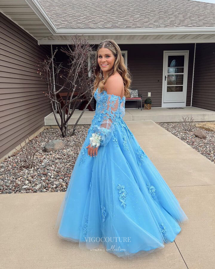 Prom Dress 2025 Light Blue Lace Applique Prom Dresses Removable Sleeve Formal Dress 24003-unique elegant Prom Dresses-Light Blue-Custom Size-vigocouture