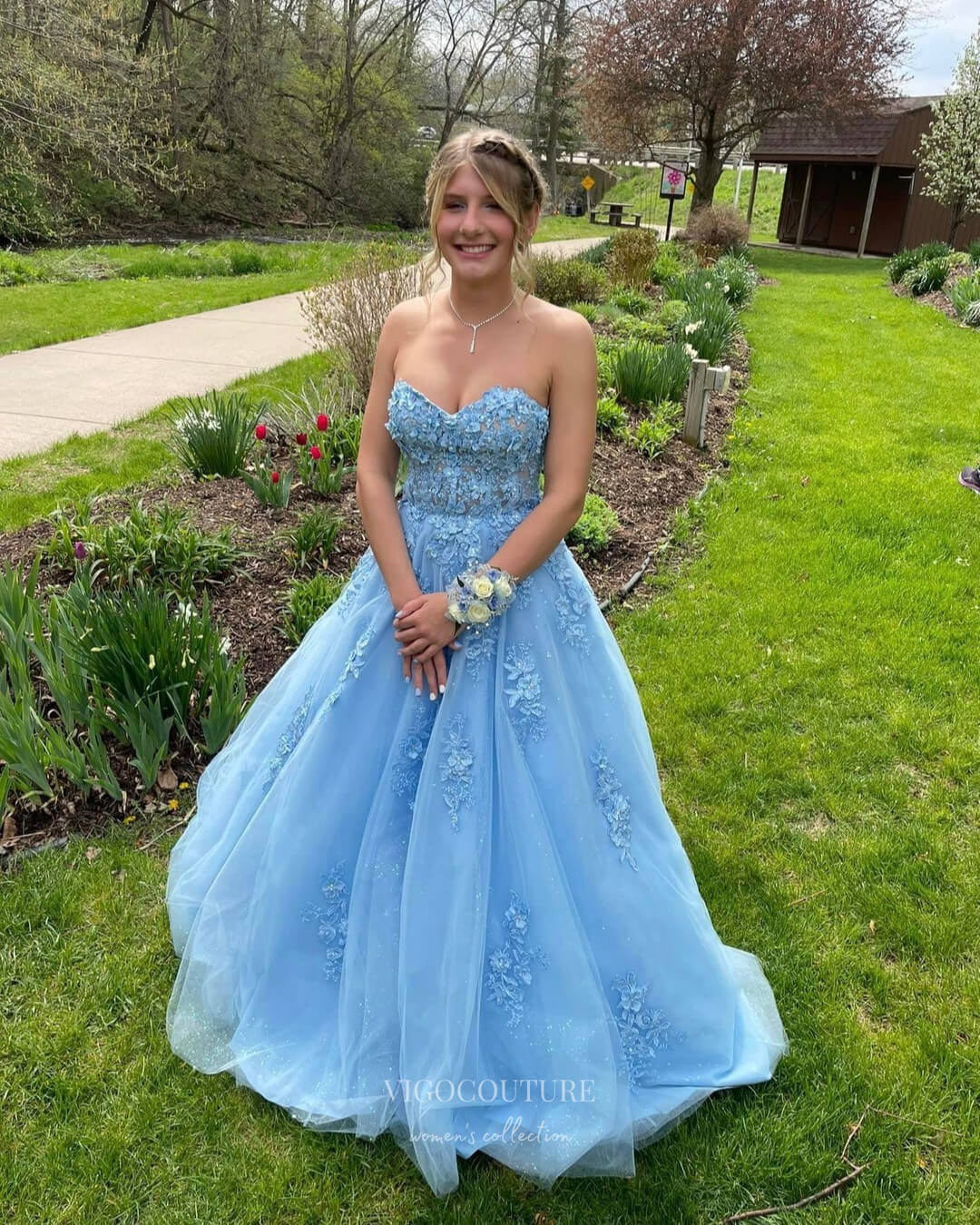 Prom Dress 2025 Light Blue Lace Applique Prom Dresses Removable Sleeve Formal Dress 24003-unique elegant Prom Dresses-Light Blue-Custom Size-vigocouture