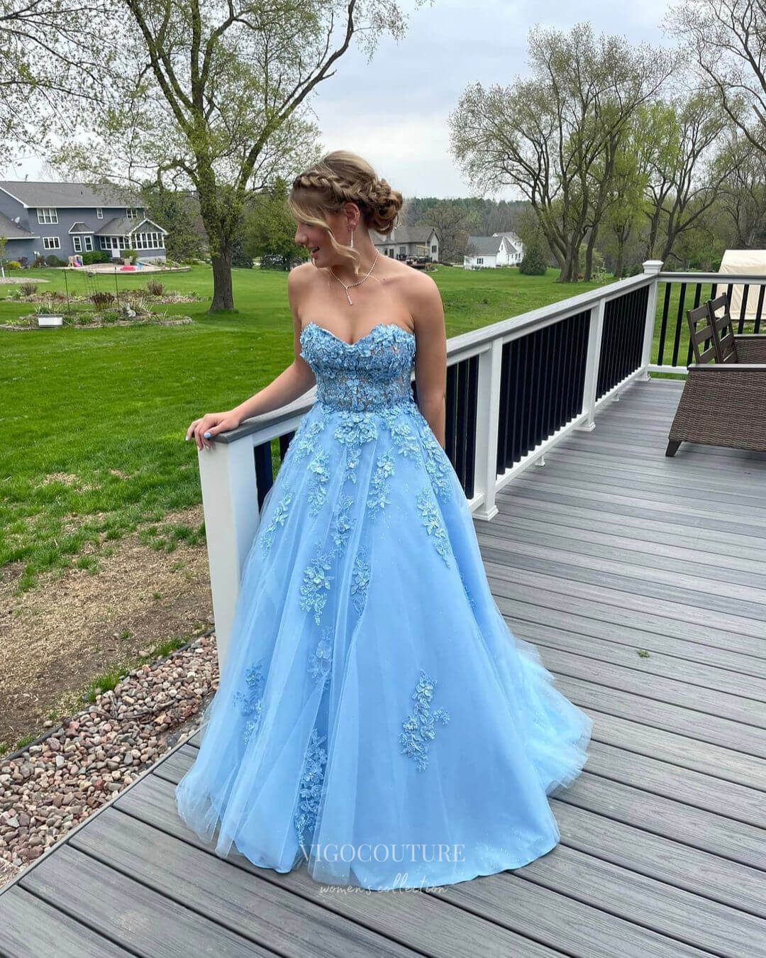 Prom Dress 2025 Light Blue Lace Applique Prom Dresses Removable Sleeve Formal Dress 24003-unique elegant Prom Dresses-Light Blue-Custom Size-vigocouture