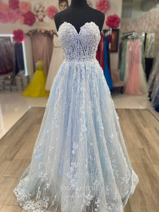 Prom Dress 2025 Light Blue Lace Applique Prom Dresses Strapless Sheer Boned Bodice24180-unique elegant Prom Dresses-Light Blue-Custom Size-vigocouture