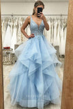 Light Blue Lace Applique Prom Dresses Tiered V-Neck Evening Dress 21708