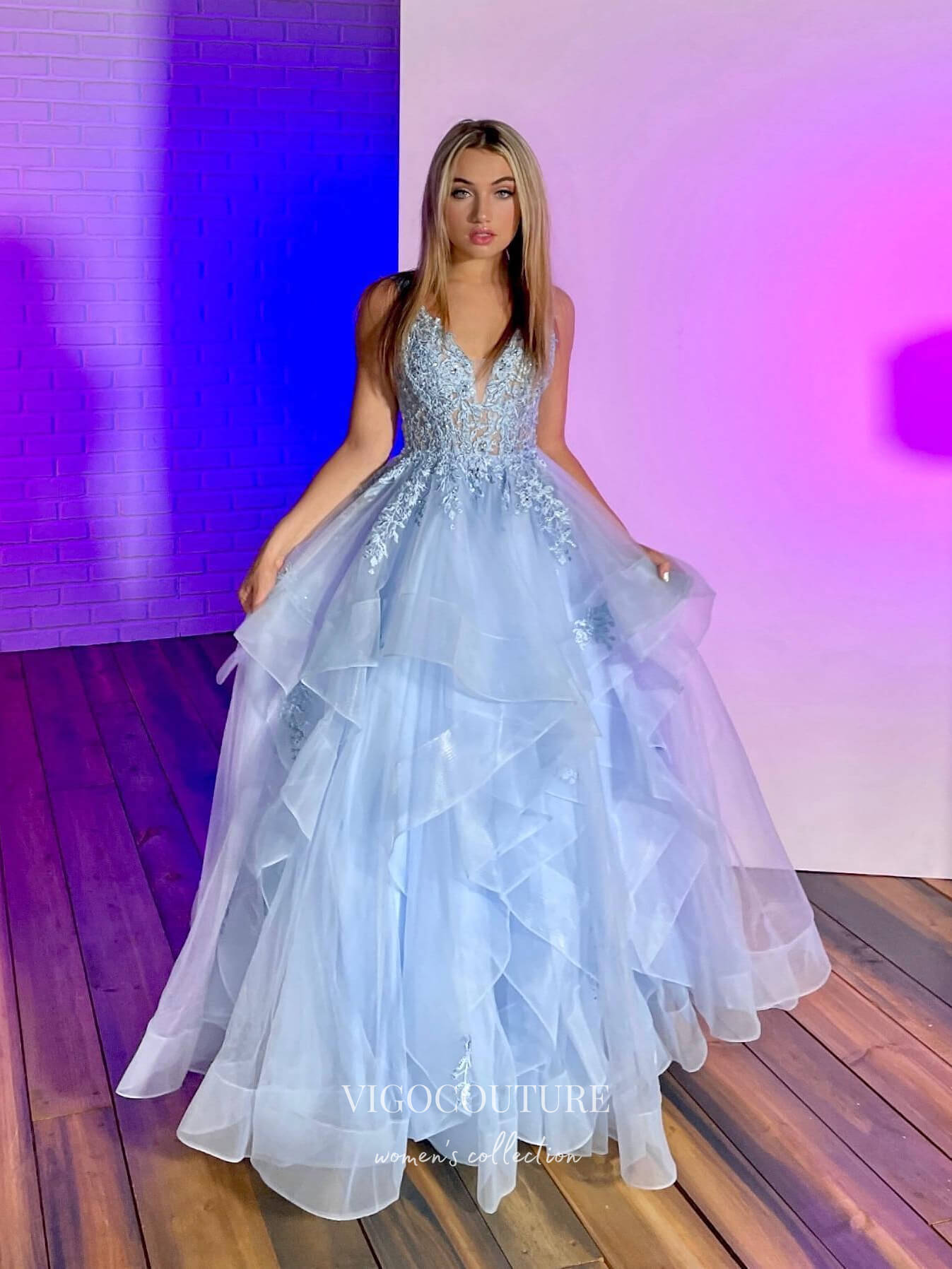 Prom Dress 2025 Light Blue Lace Applique Prom Dresses Tiered V-Neck Formal Dresses 21535-unique elegant Prom Dresses-Light Blue-US2-vigocouture