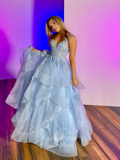 Light Blue Lace Applique Prom Dresses Tiered V-Neck Formal Dresses 215 – vigocouture